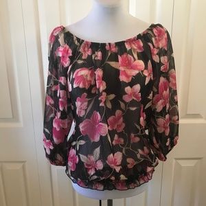 Sheer Floral Black Pink Pop Over Top NWT Med